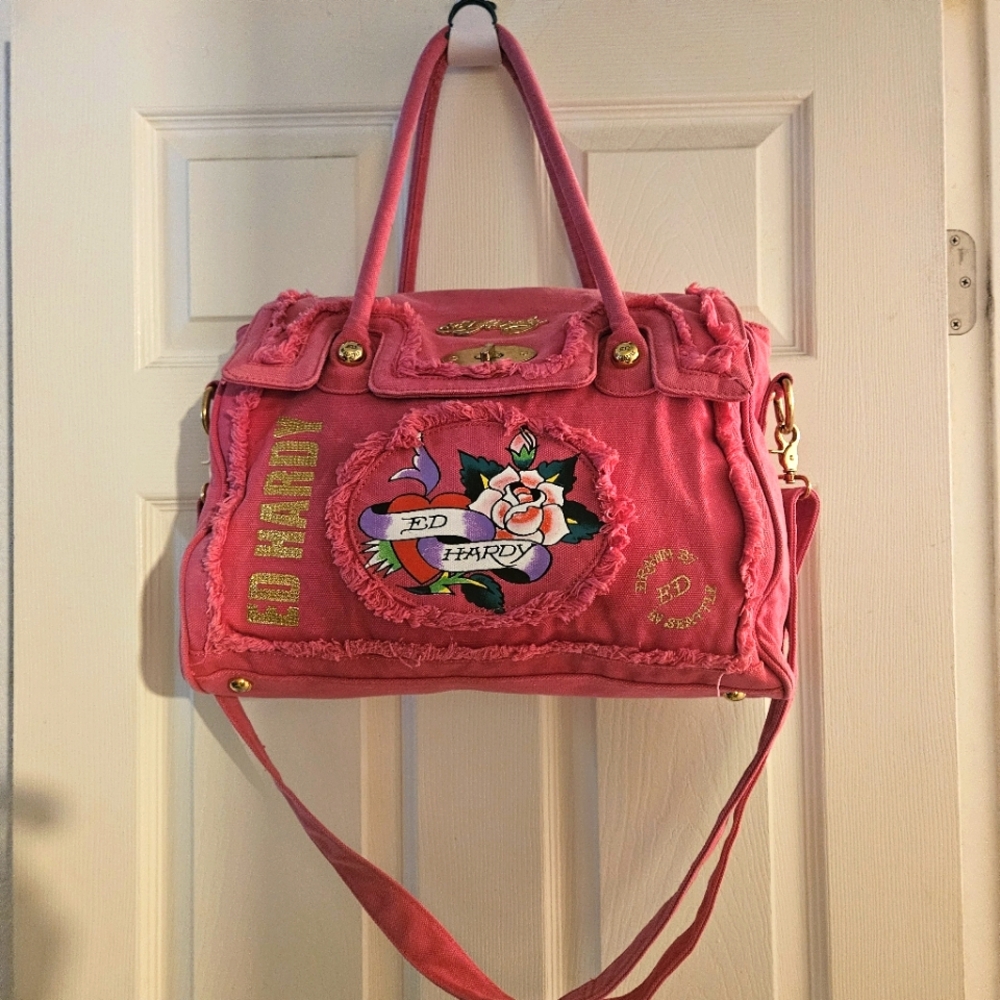 Ed Hardy Melrose Large Satchel- Distressed Dark Pink